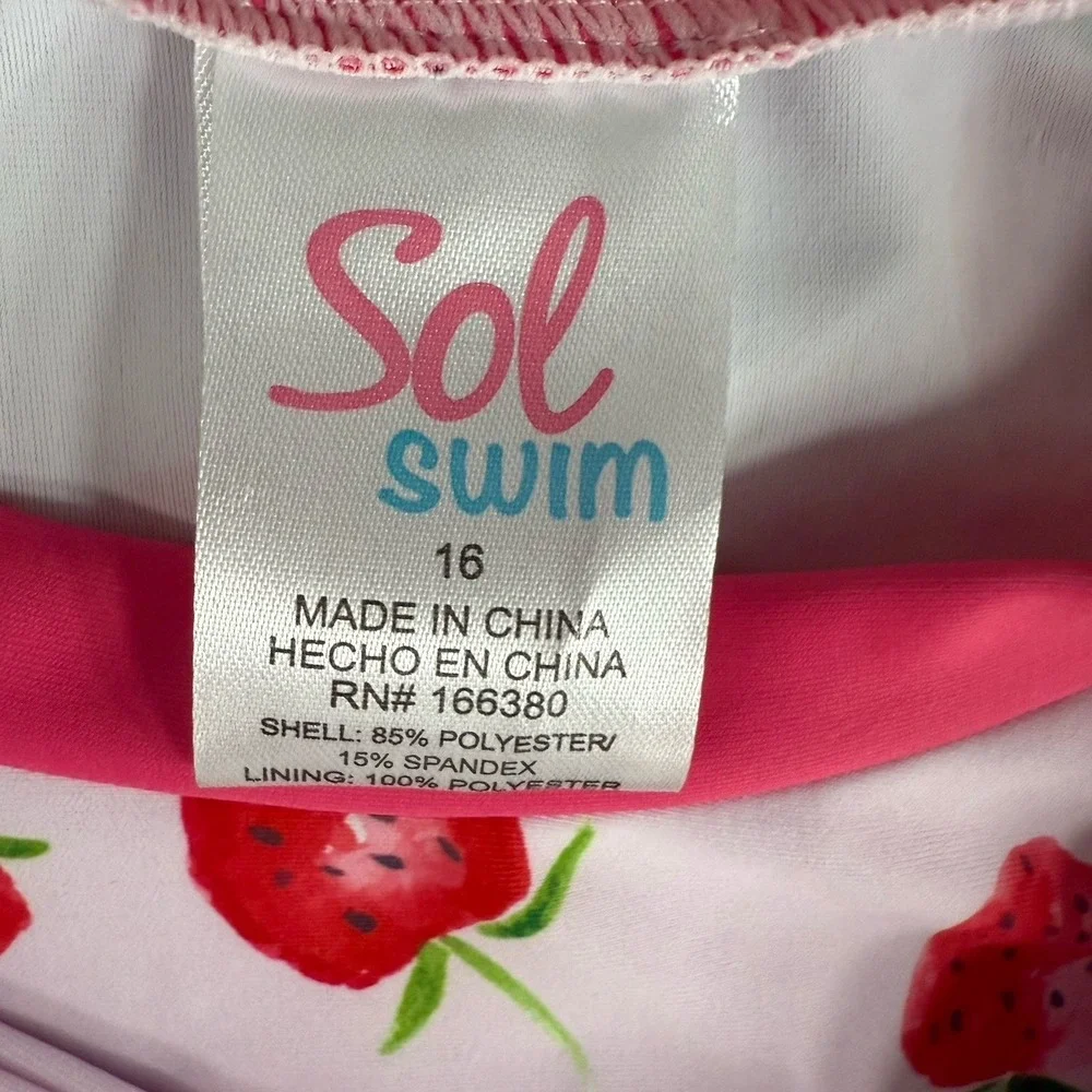 NWT Sol Swimsuit 2 Pc Rash Guard Set Girls Size 16 Top 14 Bottom Pink Strawberry